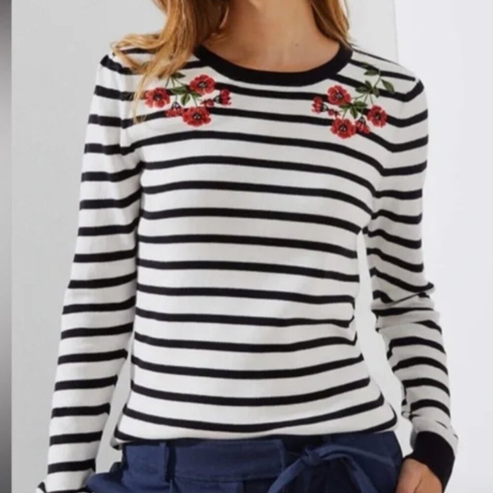 LOFT Striped Pull Over Sweater Floral Embroidery